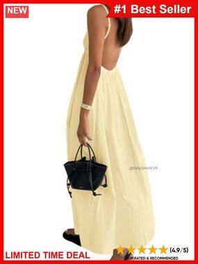 Women's V Neck Backless Spaghetti Strap Maxi Flowy Sundress with Pockets